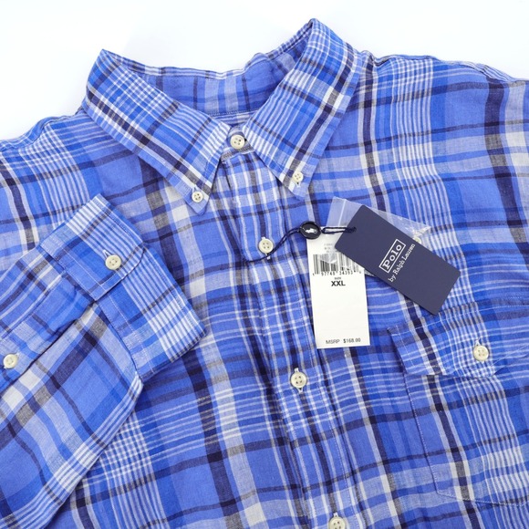 NEW Polo Ralph Lauren Linen Mens Plaid Button‎ Down Shirt XXL Blue MSRP $168